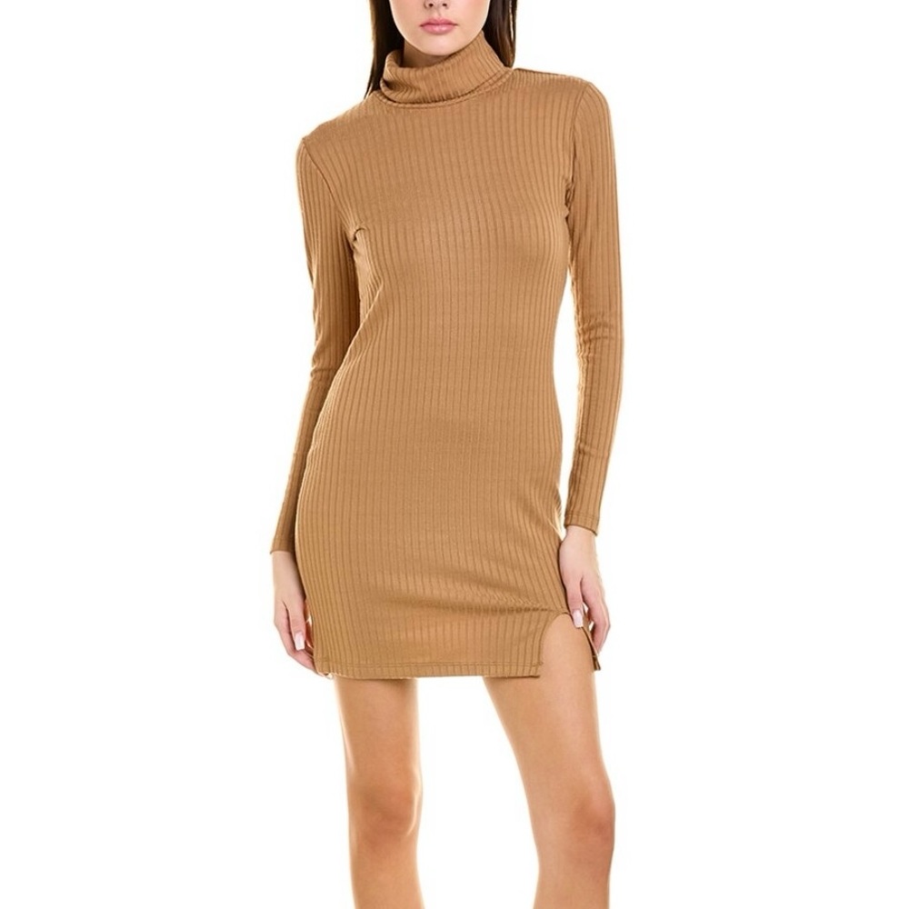 Socialite Cozy Mini Ribbed Tan Turtleneck Sweater Dress